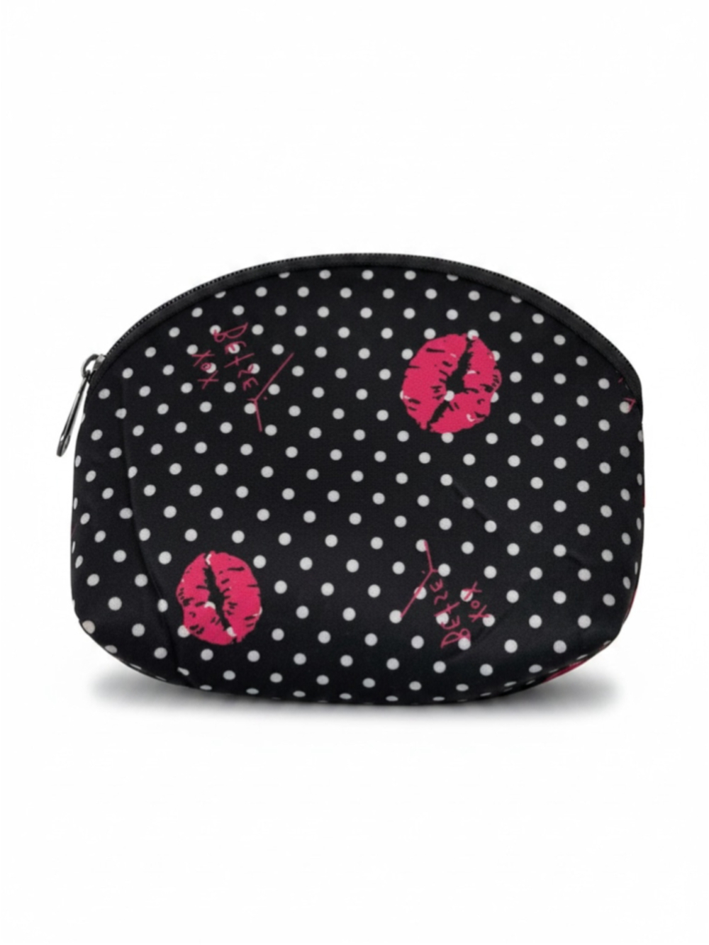 Women's Betsey Johnson Cosmetic Bag in Black with White Polka Dots and Pink Lips